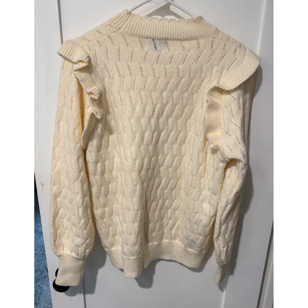 FRNCH Paris Cream Ruffle Shoulder Pointelle Cable Knit Sweater MS22-114 Large